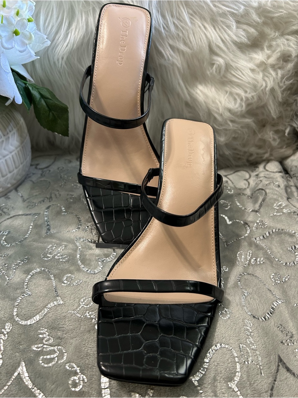 NWT The Drop, Size 19, Black, Croc-Embossed Strappy Block High Heel Sandal